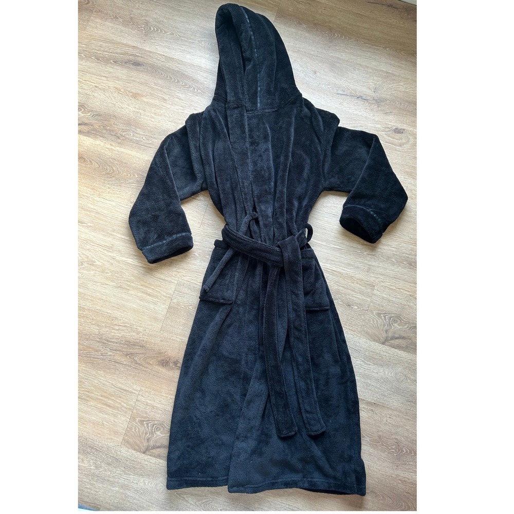 David Archy Mens Hooded Fleece Robe Black Plush Bathrobe Size M